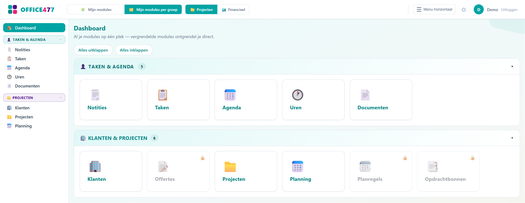 Het Office477-dashboard — al je modules op één plek, vergrendelde modules ontgrendel je direct